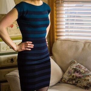 French Connection Teal and Navy Striped Bodycon Dress Sz US 0